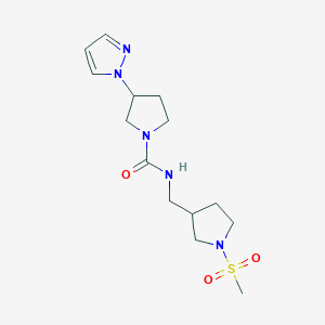 molecular formula C14H23N5O3S B6790232 N-[(1-methylsulfonylpyrrolidin-3-yl)methyl]-3-pyrazol-1-ylpyrrolidine-1-carboxamide 