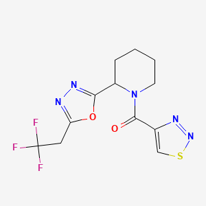 molecular formula C12H12F3N5O2S B6790529 Thiadiazol-4-yl-[2-[5-(2,2,2-trifluoroethyl)-1,3,4-oxadiazol-2-yl]piperidin-1-yl]methanone 