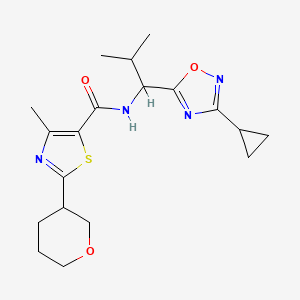 molecular formula C19H26N4O3S B6791922 N-[1-(3-cyclopropyl-1,2,4-oxadiazol-5-yl)-2-methylpropyl]-4-methyl-2-(oxan-3-yl)-1,3-thiazole-5-carboxamide 