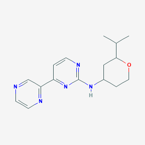 molecular formula C16H21N5O B6794244 N-(2-propan-2-yloxan-4-yl)-4-pyrazin-2-ylpyrimidin-2-amine 