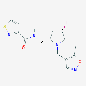 molecular formula C14H17FN4O2S B6794699 N-[[(2S,4S)-4-fluoro-1-[(5-methyl-1,2-oxazol-4-yl)methyl]pyrrolidin-2-yl]methyl]-1,2-thiazole-3-carboxamide 