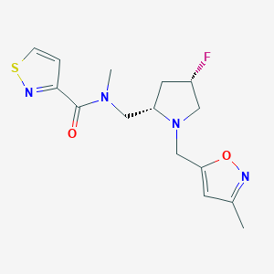 molecular formula C15H19FN4O2S B6794807 N-[[(2S,4S)-4-fluoro-1-[(3-methyl-1,2-oxazol-5-yl)methyl]pyrrolidin-2-yl]methyl]-N-methyl-1,2-thiazole-3-carboxamide 