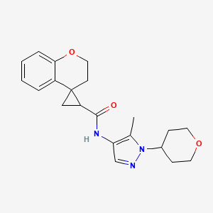 molecular formula C21H25N3O3 B6796523 N-[5-methyl-1-(oxan-4-yl)pyrazol-4-yl]spiro[2,3-dihydrochromene-4,2'-cyclopropane]-1'-carboxamide 