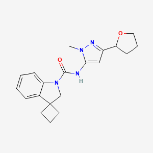 molecular formula C20H24N4O2 B6797873 N-[2-methyl-5-(oxolan-2-yl)pyrazol-3-yl]spiro[2H-indole-3,1'-cyclobutane]-1-carboxamide 