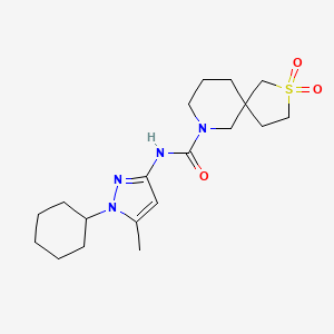 molecular formula C19H30N4O3S B6798085 N-(1-cyclohexyl-5-methylpyrazol-3-yl)-2,2-dioxo-2lambda6-thia-9-azaspiro[4.5]decane-9-carboxamide 