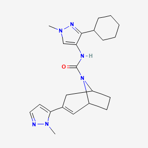 molecular formula C22H30N6O B6798451 N-(3-cyclohexyl-1-methylpyrazol-4-yl)-3-(2-methylpyrazol-3-yl)-8-azabicyclo[3.2.1]oct-2-ene-8-carboxamide 