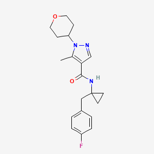molecular formula C20H24FN3O2 B6799052 N-[1-[(4-fluorophenyl)methyl]cyclopropyl]-5-methyl-1-(oxan-4-yl)pyrazole-4-carboxamide 
