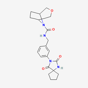 molecular formula C21H26N4O4 B6800329 N-[[3-(2,4-dioxo-1,3-diazaspiro[4.4]nonan-3-yl)phenyl]methyl]-3-oxa-8-azabicyclo[3.2.1]octane-8-carboxamide 
