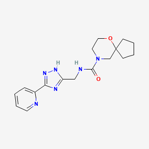molecular formula C17H22N6O2 B6800642 N-[(3-pyridin-2-yl-1H-1,2,4-triazol-5-yl)methyl]-6-oxa-9-azaspiro[4.5]decane-9-carboxamide 