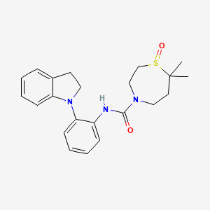 molecular formula C22H27N3O2S B6800858 N-[2-(2,3-dihydroindol-1-yl)phenyl]-7,7-dimethyl-1-oxo-1,4-thiazepane-4-carboxamide 