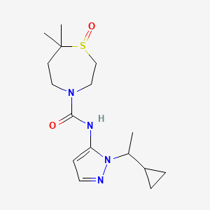 molecular formula C16H26N4O2S B6800993 N-[2-(1-cyclopropylethyl)pyrazol-3-yl]-7,7-dimethyl-1-oxo-1,4-thiazepane-4-carboxamide 