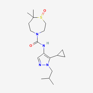 molecular formula C18H30N4O2S B6801052 N-[5-cyclopropyl-1-(2-methylpropyl)pyrazol-4-yl]-7,7-dimethyl-1-oxo-1,4-thiazepane-4-carboxamide 