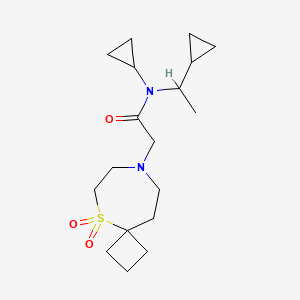molecular formula C18H30N2O3S B6801583 N-cyclopropyl-N-(1-cyclopropylethyl)-2-(5,5-dioxo-5lambda6-thia-8-azaspiro[3.6]decan-8-yl)acetamide 