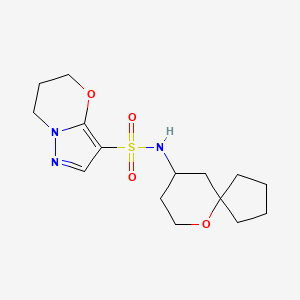 molecular formula C15H23N3O4S B6804213 N-(6-oxaspiro[4.5]decan-9-yl)-6,7-dihydro-5H-pyrazolo[5,1-b][1,3]oxazine-3-sulfonamide 