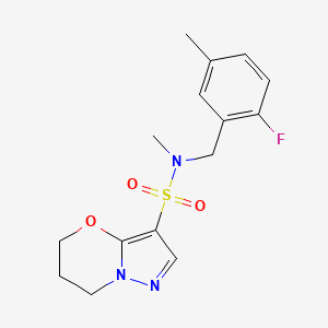 molecular formula C15H18FN3O3S B6804258 N-[(2-fluoro-5-methylphenyl)methyl]-N-methyl-6,7-dihydro-5H-pyrazolo[5,1-b][1,3]oxazine-3-sulfonamide 