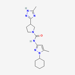 molecular formula C18H27N7O B6805205 N-(1-cyclohexyl-5-methylpyrazol-3-yl)-3-(5-methyl-1H-1,2,4-triazol-3-yl)pyrrolidine-1-carboxamide 