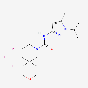 molecular formula C18H27F3N4O2 B6807722 N-(5-methyl-1-propan-2-ylpyrazol-3-yl)-5-(trifluoromethyl)-9-oxa-2-azaspiro[5.5]undecane-2-carboxamide 