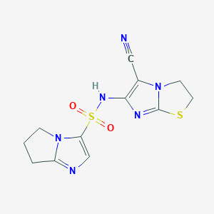 molecular formula C12H12N6O2S2 B6809350 N-(5-cyano-2,3-dihydroimidazo[2,1-b][1,3]thiazol-6-yl)-6,7-dihydro-5H-pyrrolo[1,2-a]imidazole-3-sulfonamide 