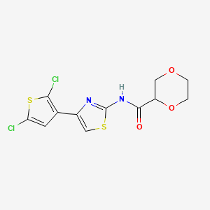 molecular formula C12H10Cl2N2O3S2 B6812237 N-[4-(2,5-dichlorothiophen-3-yl)-1,3-thiazol-2-yl]-1,4-dioxane-2-carboxamide 