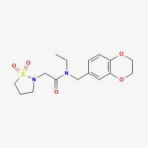 molecular formula C16H22N2O5S B6812321 N-(2,3-dihydro-1,4-benzodioxin-6-ylmethyl)-2-(1,1-dioxo-1,2-thiazolidin-2-yl)-N-ethylacetamide 