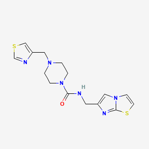 molecular formula C15H18N6OS2 B6812608 N-(imidazo[2,1-b][1,3]thiazol-6-ylmethyl)-4-(1,3-thiazol-4-ylmethyl)piperazine-1-carboxamide 
