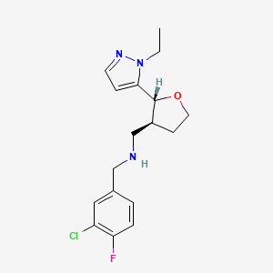 molecular formula C17H21ClFN3O B6813656 N-[(3-chloro-4-fluorophenyl)methyl]-1-[(2R,3S)-2-(2-ethylpyrazol-3-yl)oxolan-3-yl]methanamine 