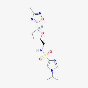 molecular formula C14H21N5O4S B6816253 N-[[(2R,5S)-5-(3-methyl-1,2,4-oxadiazol-5-yl)oxolan-2-yl]methyl]-1-propan-2-ylimidazole-4-sulfonamide 