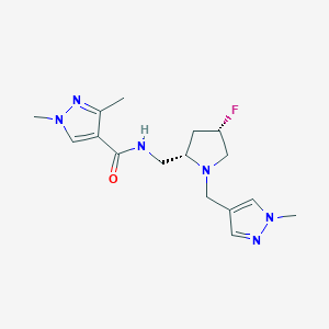 molecular formula C16H23FN6O B6816383 N-[[(2S,4S)-4-fluoro-1-[(1-methylpyrazol-4-yl)methyl]pyrrolidin-2-yl]methyl]-1,3-dimethylpyrazole-4-carboxamide 