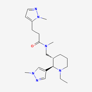 molecular formula C20H32N6O B6816651 N-[[(2R,3S)-1-ethyl-2-(1-methylpyrazol-4-yl)piperidin-3-yl]methyl]-N-methyl-3-(2-methylpyrazol-3-yl)propanamide 
