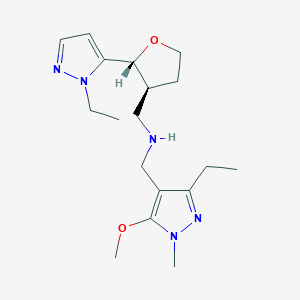 molecular formula C18H29N5O2 B6817457 N-[(3-ethyl-5-methoxy-1-methylpyrazol-4-yl)methyl]-1-[(2R,3S)-2-(2-ethylpyrazol-3-yl)oxolan-3-yl]methanamine 