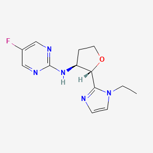 molecular formula C13H16FN5O B6817756 N-[(2S,3S)-2-(1-ethylimidazol-2-yl)oxolan-3-yl]-5-fluoropyrimidin-2-amine 