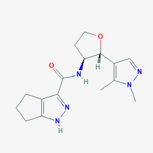 molecular formula C16H21N5O2 B6817827 N-[(2R,3S)-2-(1,5-dimethylpyrazol-4-yl)oxolan-3-yl]-1,4,5,6-tetrahydrocyclopenta[c]pyrazole-3-carboxamide 