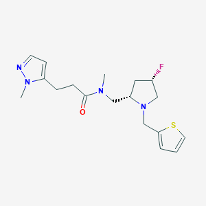 molecular formula C18H25FN4OS B6818803 N-[[(2S,4S)-4-fluoro-1-(thiophen-2-ylmethyl)pyrrolidin-2-yl]methyl]-N-methyl-3-(2-methylpyrazol-3-yl)propanamide 