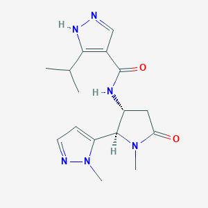 molecular formula C16H22N6O2 B6820469 N-[(2R,3R)-1-methyl-2-(2-methylpyrazol-3-yl)-5-oxopyrrolidin-3-yl]-5-propan-2-yl-1H-pyrazole-4-carboxamide 