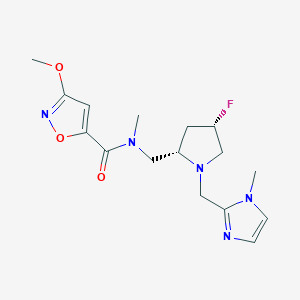 molecular formula C16H22FN5O3 B6821408 N-[[(2S,4S)-4-fluoro-1-[(1-methylimidazol-2-yl)methyl]pyrrolidin-2-yl]methyl]-3-methoxy-N-methyl-1,2-oxazole-5-carboxamide 