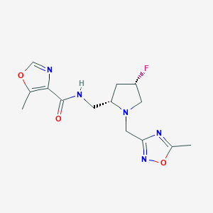 molecular formula C14H18FN5O3 B6821664 N-[[(2S,4S)-4-fluoro-1-[(5-methyl-1,2,4-oxadiazol-3-yl)methyl]pyrrolidin-2-yl]methyl]-5-methyl-1,3-oxazole-4-carboxamide 