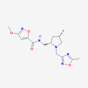 molecular formula C14H18FN5O4 B6821681 N-[[(2S,4S)-4-fluoro-1-[(5-methyl-1,2,4-oxadiazol-3-yl)methyl]pyrrolidin-2-yl]methyl]-3-methoxy-1,2-oxazole-5-carboxamide 