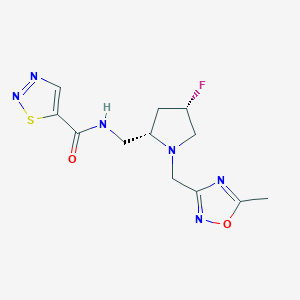 molecular formula C12H15FN6O2S B6821687 N-[[(2S,4S)-4-fluoro-1-[(5-methyl-1,2,4-oxadiazol-3-yl)methyl]pyrrolidin-2-yl]methyl]thiadiazole-5-carboxamide 