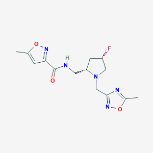 molecular formula C14H18FN5O3 B6821699 N-[[(2S,4S)-4-fluoro-1-[(5-methyl-1,2,4-oxadiazol-3-yl)methyl]pyrrolidin-2-yl]methyl]-5-methyl-1,2-oxazole-3-carboxamide 