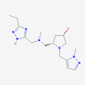 molecular formula C16H26FN7 B6821751 N-[(3-ethyl-1H-1,2,4-triazol-5-yl)methyl]-1-[(2S,4S)-4-fluoro-1-[(2-methylpyrazol-3-yl)methyl]pyrrolidin-2-yl]-N-methylmethanamine 