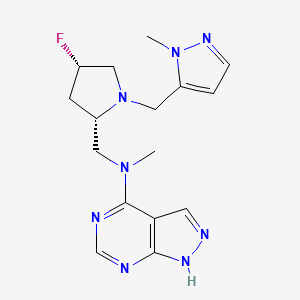 molecular formula C16H21FN8 B6822079 N-[[(2S,4S)-4-fluoro-1-[(2-methylpyrazol-3-yl)methyl]pyrrolidin-2-yl]methyl]-N-methyl-1H-pyrazolo[3,4-d]pyrimidin-4-amine 