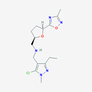 molecular formula C15H22ClN5O2 B6822088 N-[(5-chloro-3-ethyl-1-methylpyrazol-4-yl)methyl]-1-[(2R,5S)-5-(3-methyl-1,2,4-oxadiazol-5-yl)oxolan-2-yl]methanamine 