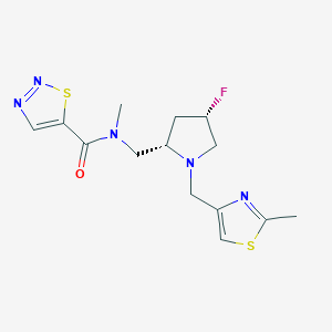molecular formula C14H18FN5OS2 B6823812 N-[[(2S,4S)-4-fluoro-1-[(2-methyl-1,3-thiazol-4-yl)methyl]pyrrolidin-2-yl]methyl]-N-methylthiadiazole-5-carboxamide 