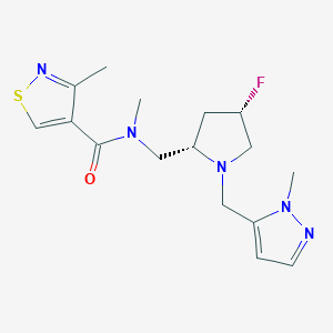 molecular formula C16H22FN5OS B6823918 N-[[(2S,4S)-4-fluoro-1-[(2-methylpyrazol-3-yl)methyl]pyrrolidin-2-yl]methyl]-N,3-dimethyl-1,2-thiazole-4-carboxamide 