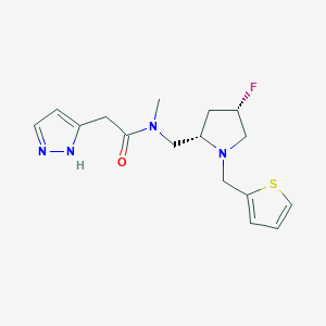 molecular formula C16H21FN4OS B6824952 N-[[(2S,4S)-4-fluoro-1-(thiophen-2-ylmethyl)pyrrolidin-2-yl]methyl]-N-methyl-2-(1H-pyrazol-5-yl)acetamide 
