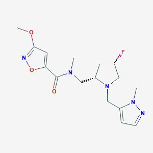 molecular formula C16H22FN5O3 B6825013 N-[[(2S,4S)-4-fluoro-1-[(2-methylpyrazol-3-yl)methyl]pyrrolidin-2-yl]methyl]-3-methoxy-N-methyl-1,2-oxazole-5-carboxamide 