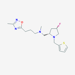 molecular formula C17H25FN4OS B6825429 N-[[(2S,4S)-4-fluoro-1-(thiophen-2-ylmethyl)pyrrolidin-2-yl]methyl]-N-methyl-3-(3-methyl-1,2,4-oxadiazol-5-yl)propan-1-amine 