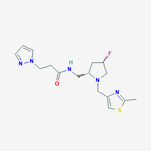 molecular formula C16H22FN5OS B6825613 N-[[(2S,4S)-4-fluoro-1-[(2-methyl-1,3-thiazol-4-yl)methyl]pyrrolidin-2-yl]methyl]-3-pyrazol-1-ylpropanamide 