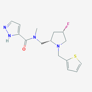 molecular formula C15H19FN4OS B6825795 N-[[(2S,4S)-4-fluoro-1-(thiophen-2-ylmethyl)pyrrolidin-2-yl]methyl]-N-methyl-1H-pyrazole-5-carboxamide 