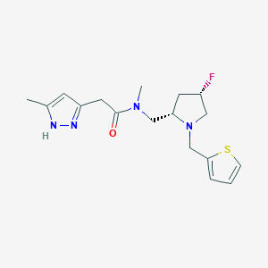 molecular formula C17H23FN4OS B6825814 N-[[(2S,4S)-4-fluoro-1-(thiophen-2-ylmethyl)pyrrolidin-2-yl]methyl]-N-methyl-2-(5-methyl-1H-pyrazol-3-yl)acetamide 
